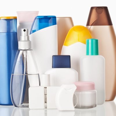 Set of colorful toiletries cosmetic plastic bottles
